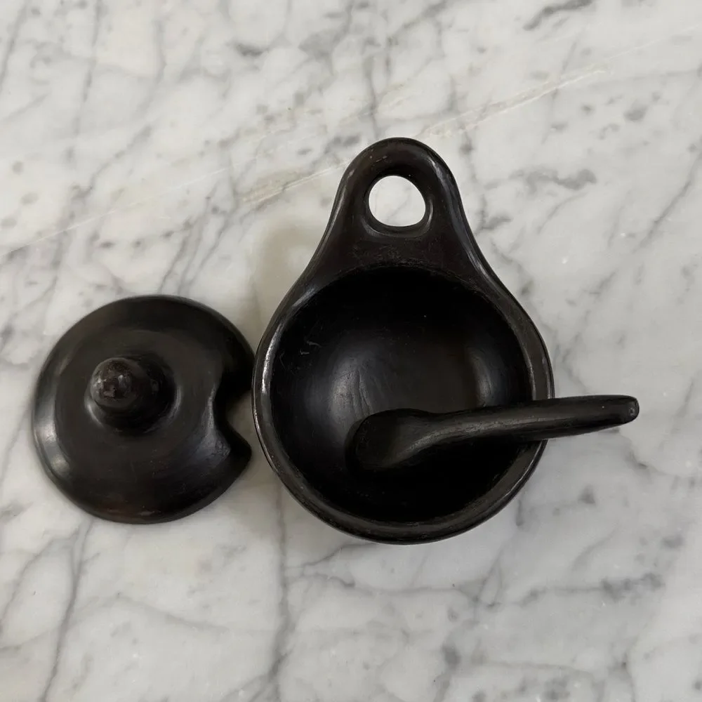 Spice Condiment Holder Black Clay Pot with Spoon